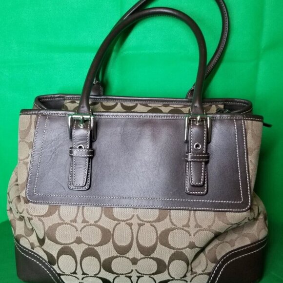 Coach Hamptons Brown Signature Jacquard Leather Shoulder Purse Bag F11220 Y2K - Picture 1 of 15